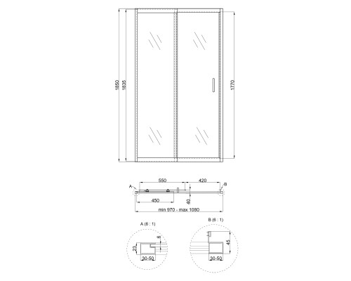 Душові двері в нішу Qtap Taurus CRM201-11.C6 97-108x185 см, скло Clear 6 мм, покриття CalcLess