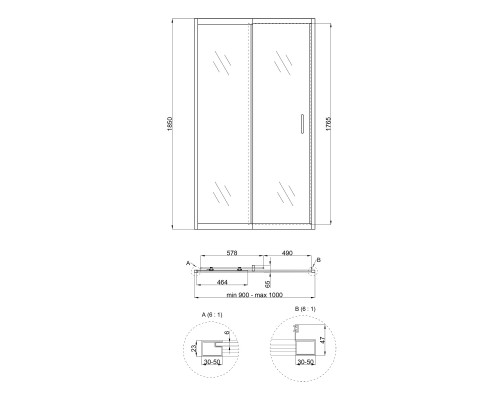Душові двері в нішу Qtap Taurus CRM209-1.C6 90-100x185 см, скло Clear 6 мм, покриття CalcLess