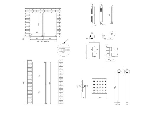 Готове рішення Qtap 14: Стіна Walk-In GLIDE, 120x190 + Душ. набір прихованого монтажу з термостатом