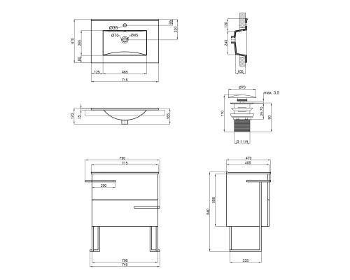 Комплект Qtap Taurus 700х800х437 Whitish oak тумба підлогова + раковина урізна QT2471TNT703WO