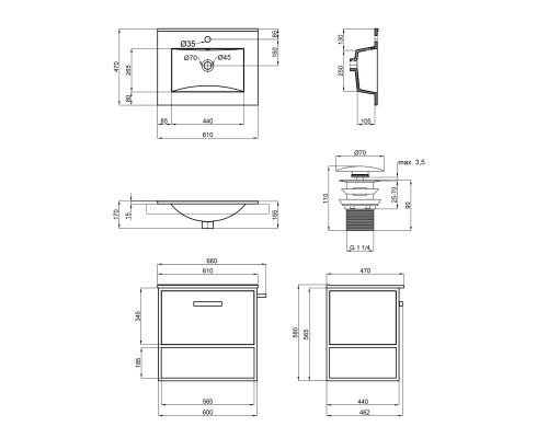 Комплект Qtap Taurus 600х580х437 Whitish oak тумба підвісна + раковина урізна QT2472TPT603WO