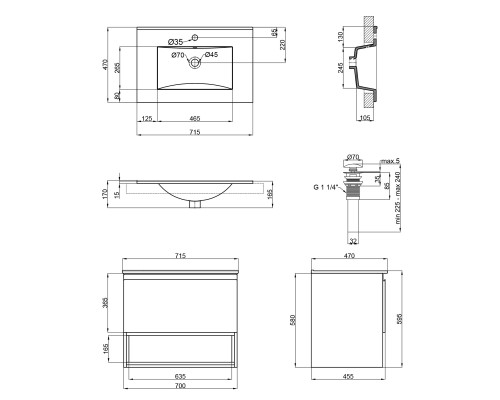 Комплект Qtap Robin 700х580х437 Graphite/Whitish oak тумба підвісна + раковина урізна QT1372TPВ7002GWO