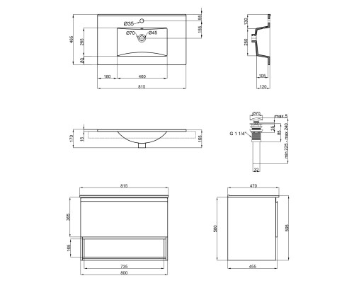 Комплект Qtap Robin 800х580х437 Graphite/Whitish oak тумба підвісна + раковина урізна QT1372TPВ8002GWO