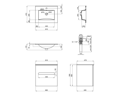 Комплект Qtap Virgo 600х580х437 White/Whitish oak тумба підвісна + раковина урізна  QT1872TPА6013060CW