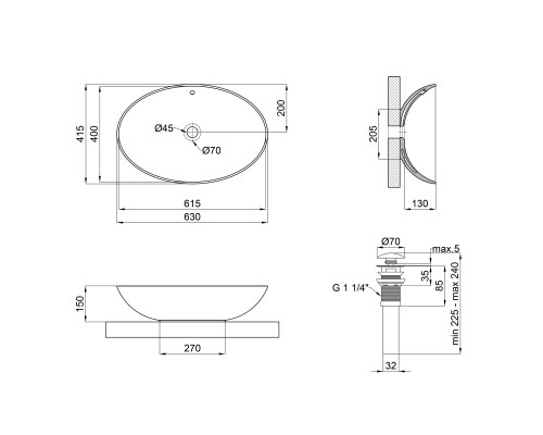 Раковина-чаша Qtap Dove 625х415х150 Matt black з донним клапаном QT063077MBMB